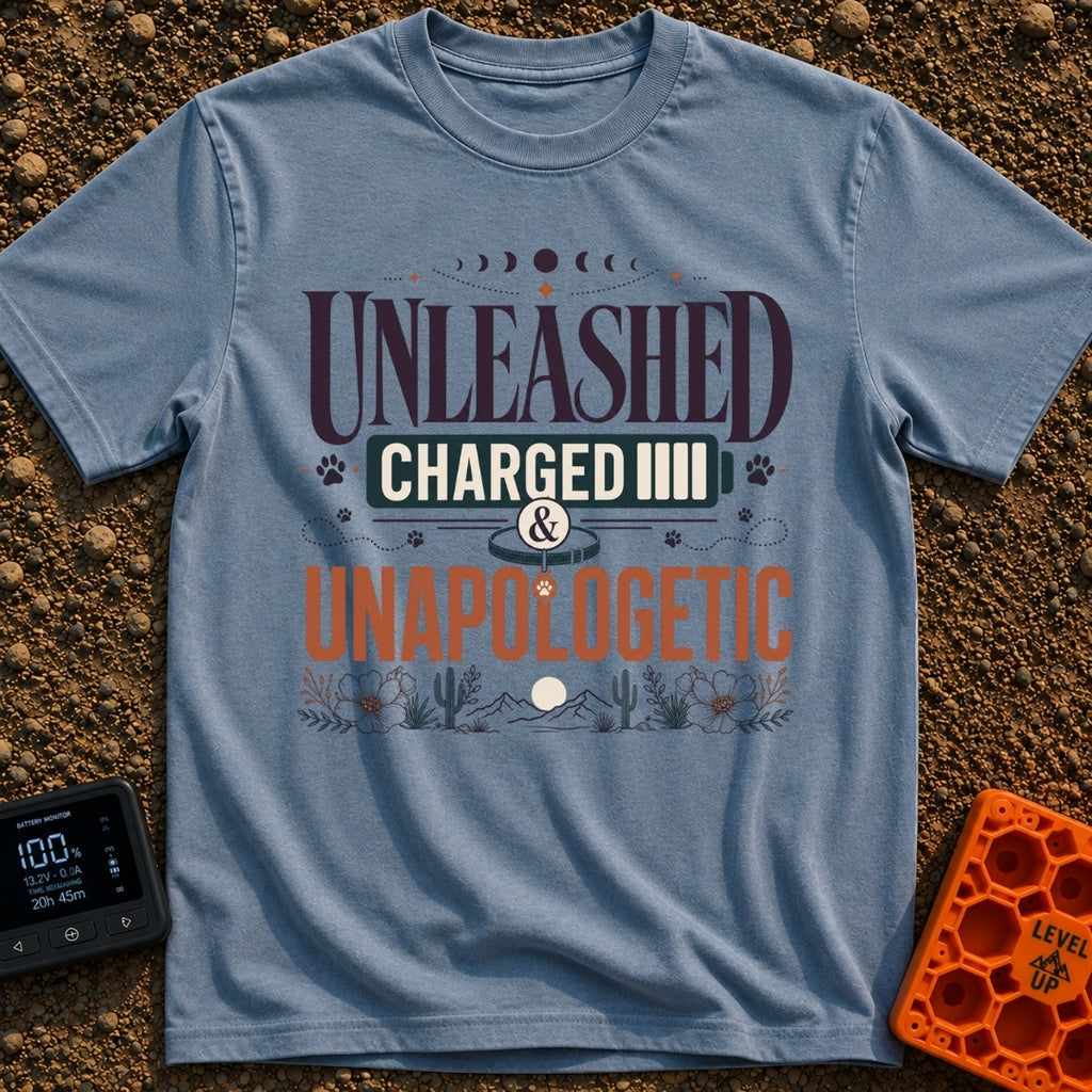 Charged And Unleashed - T-Shirt in Blue Jean - A typographic design reading "UNLEASHED CHARGED & UNAPOLOGETIC" featuring...