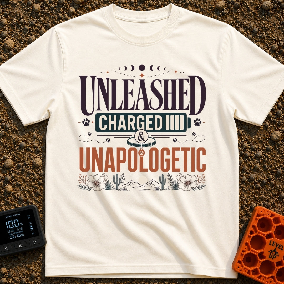Charged And Unleashed - T-Shirt in Ivory - A typographic design reading "UNLEASHED CHARGED & UNAPOLOGETIC" featuring moon...