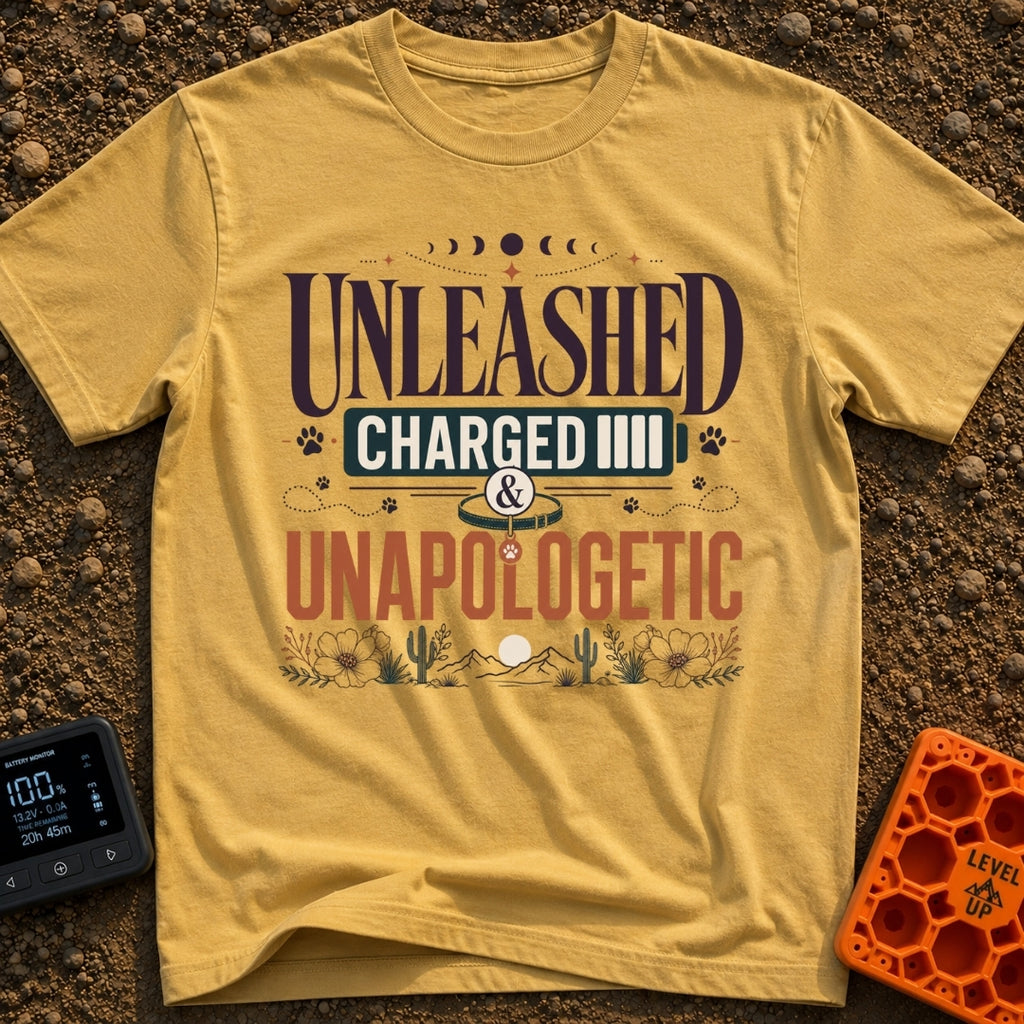 Charged And Unleashed - T-Shirt in Mustard - A typographic design reading "UNLEASHED CHARGED & UNAPOLOGETIC" featuring...