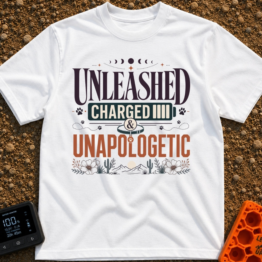 Charged And Unleashed - T-Shirt in White - A typographic design reading "UNLEASHED CHARGED & UNAPOLOGETIC" featuring moon...