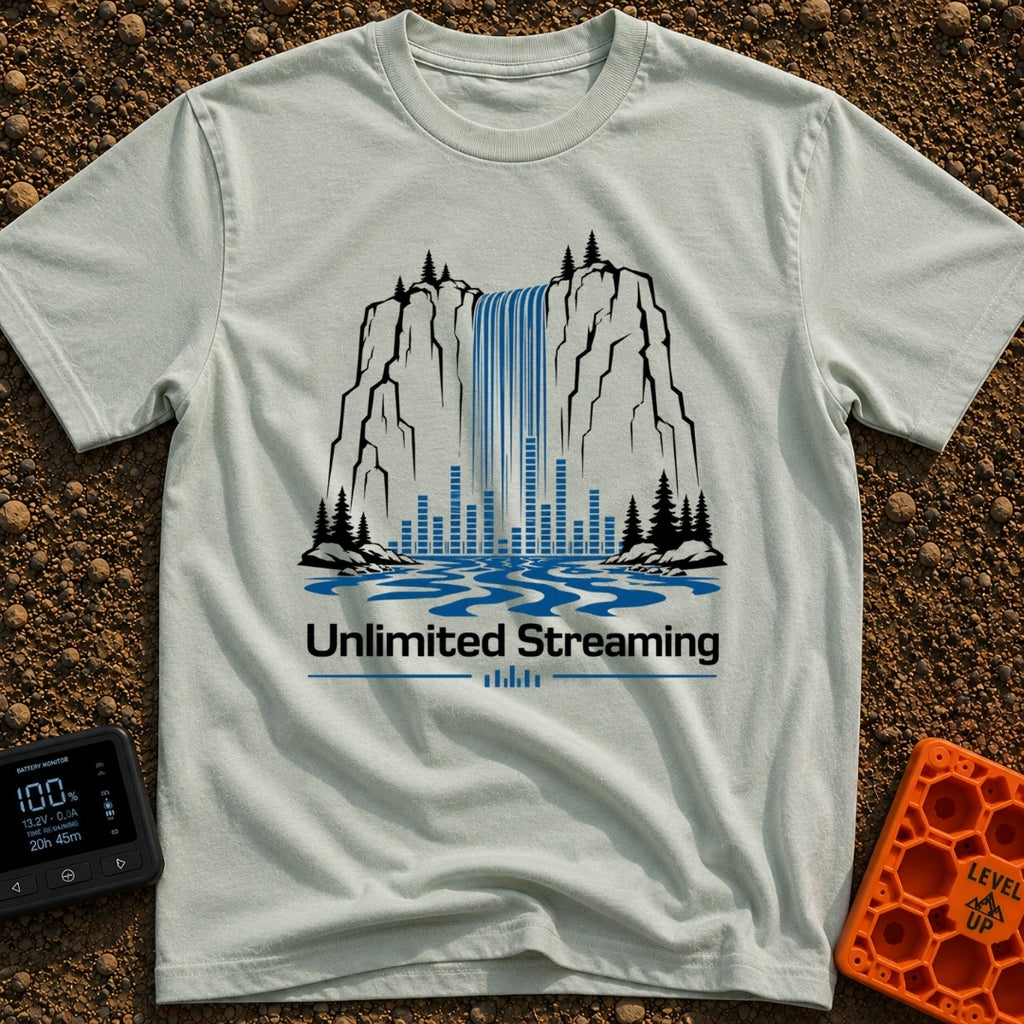The Original Live Stream - T-Shirt in Bay - A graphic illustration of a tall waterfall cascading from a rocky cliff, with...