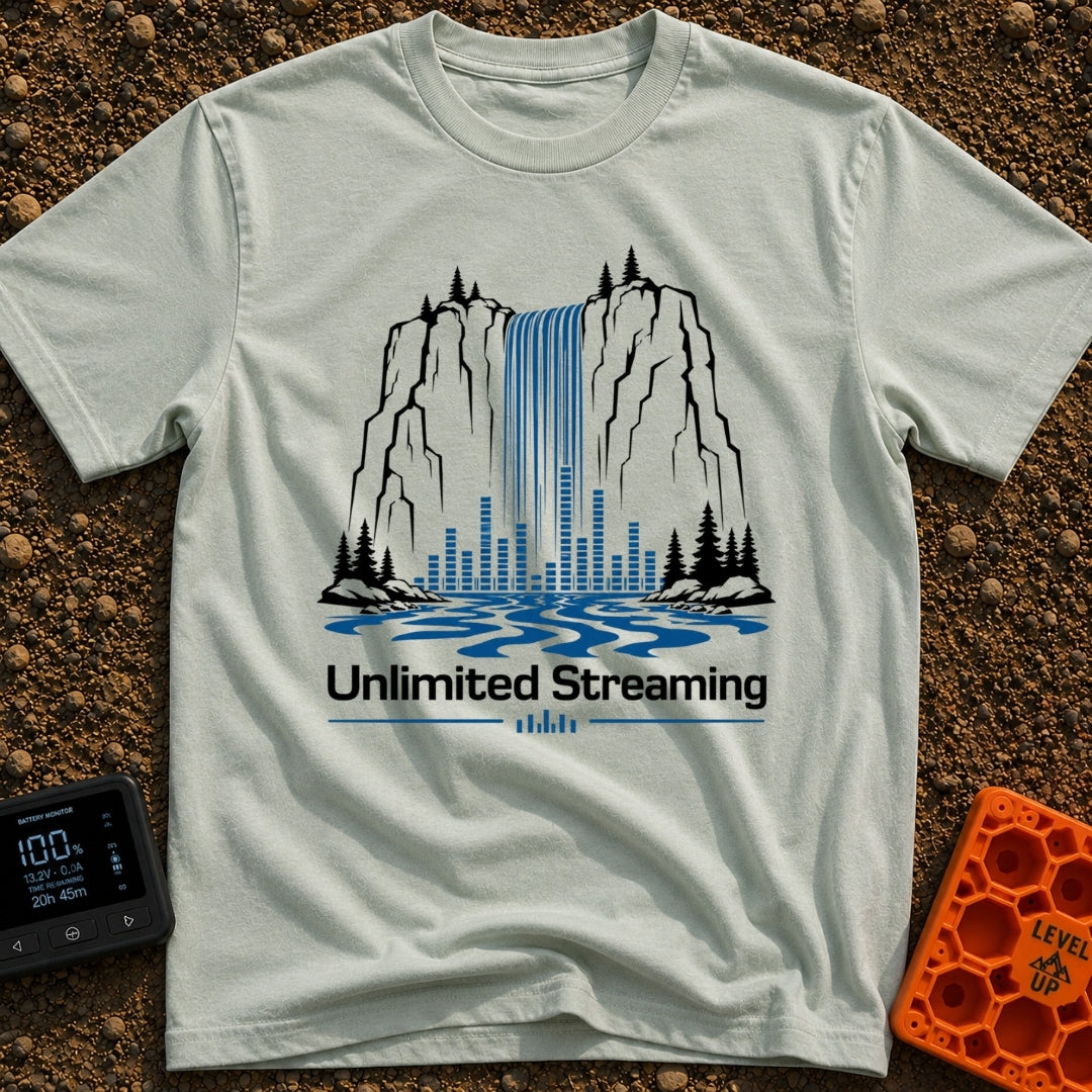 The Original Live Stream - T-Shirt in Bay - A graphic illustration of a tall waterfall cascading from a rocky cliff, with...