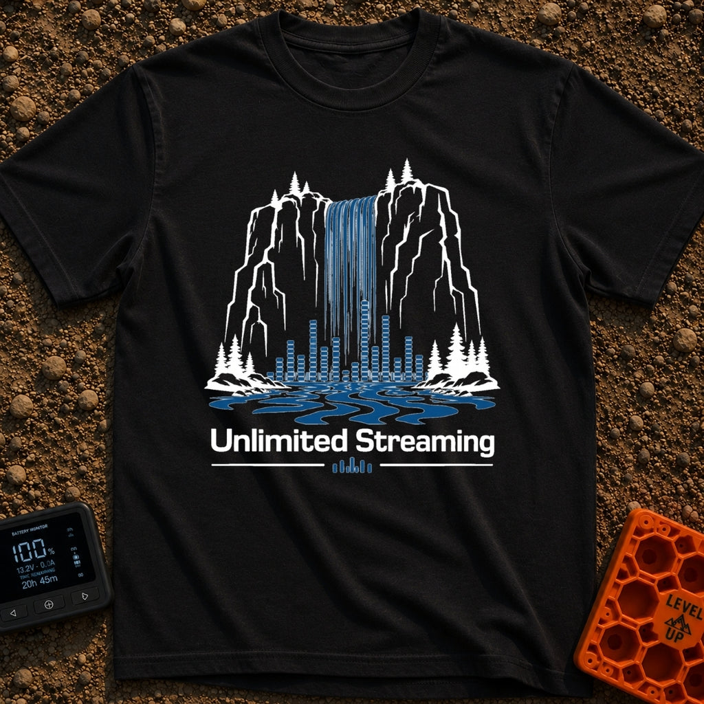 The Original Live Stream - T-Shirt in Black - A graphic illustration of a tall waterfall cascading from a rocky cliff,...
