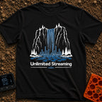 The Original Live Stream - T-Shirt in Black - A graphic illustration of a tall waterfall cascading from a rocky cliff,...