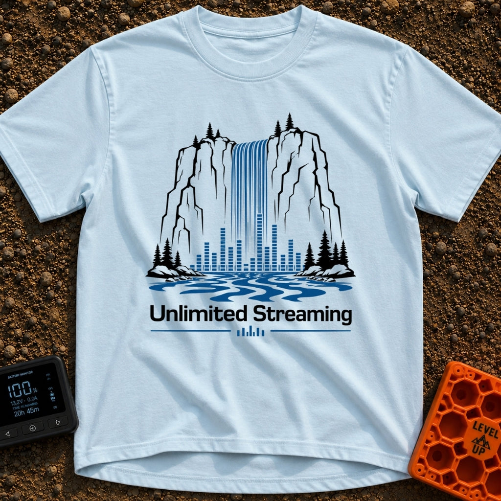 The Original Live Stream - T-Shirt in Chambray - A graphic illustration of a tall waterfall cascading from a rocky cliff,...