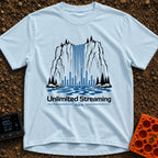 The Original Live Stream - T-Shirt in Chambray - A graphic illustration of a tall waterfall cascading from a rocky cliff,...