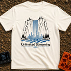 The Original Live Stream - T-Shirt in Ivory - A graphic illustration of a tall waterfall cascading from a rocky cliff,...