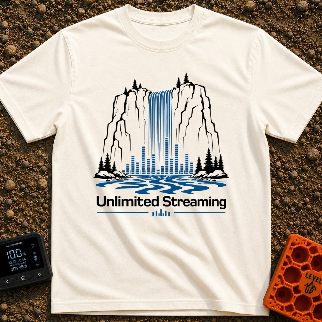 The Original Live Stream - T-Shirt in Ivory - A graphic illustration of a tall waterfall cascading from a rocky cliff,...