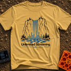 The Original Live Stream - T-Shirt in Mustard - A graphic illustration of a tall waterfall cascading from a rocky cliff,...