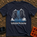 The Original Live Stream - T-Shirt in Navy - A graphic illustration of a tall waterfall cascading from a rocky cliff,...