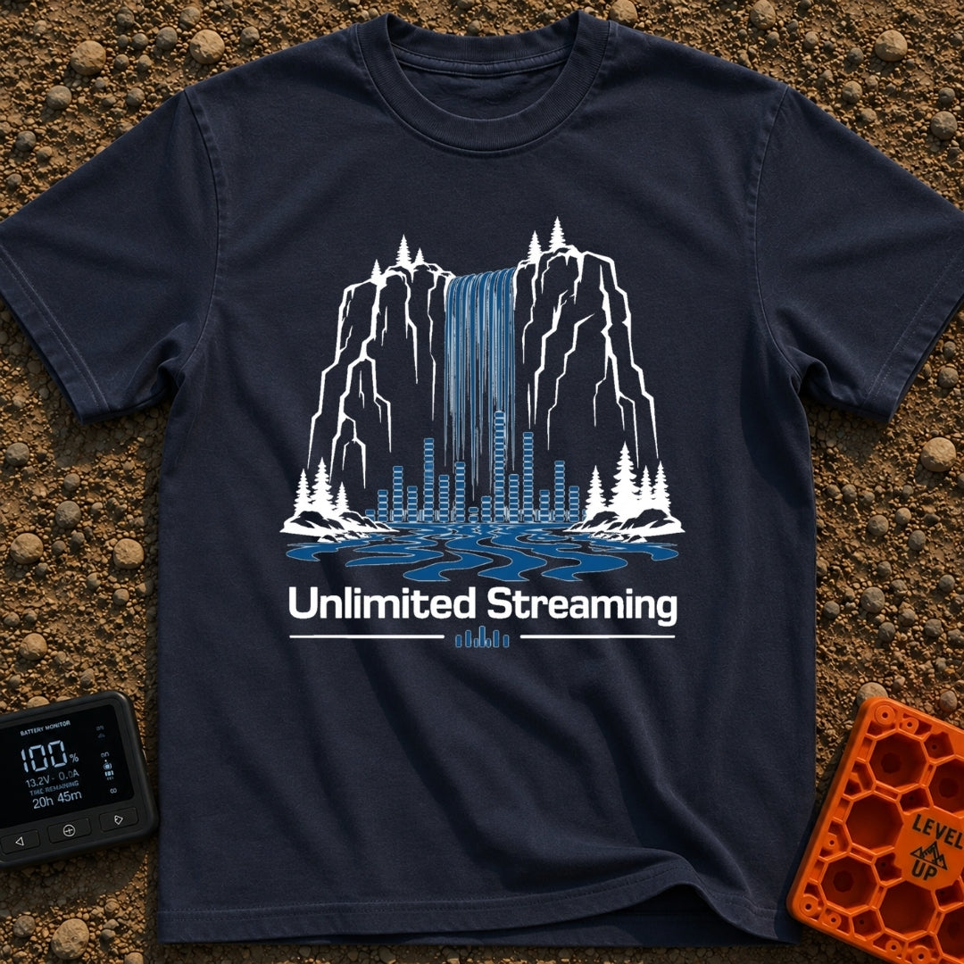 The Original Live Stream - T-Shirt in Navy - A graphic illustration of a tall waterfall cascading from a rocky cliff,...