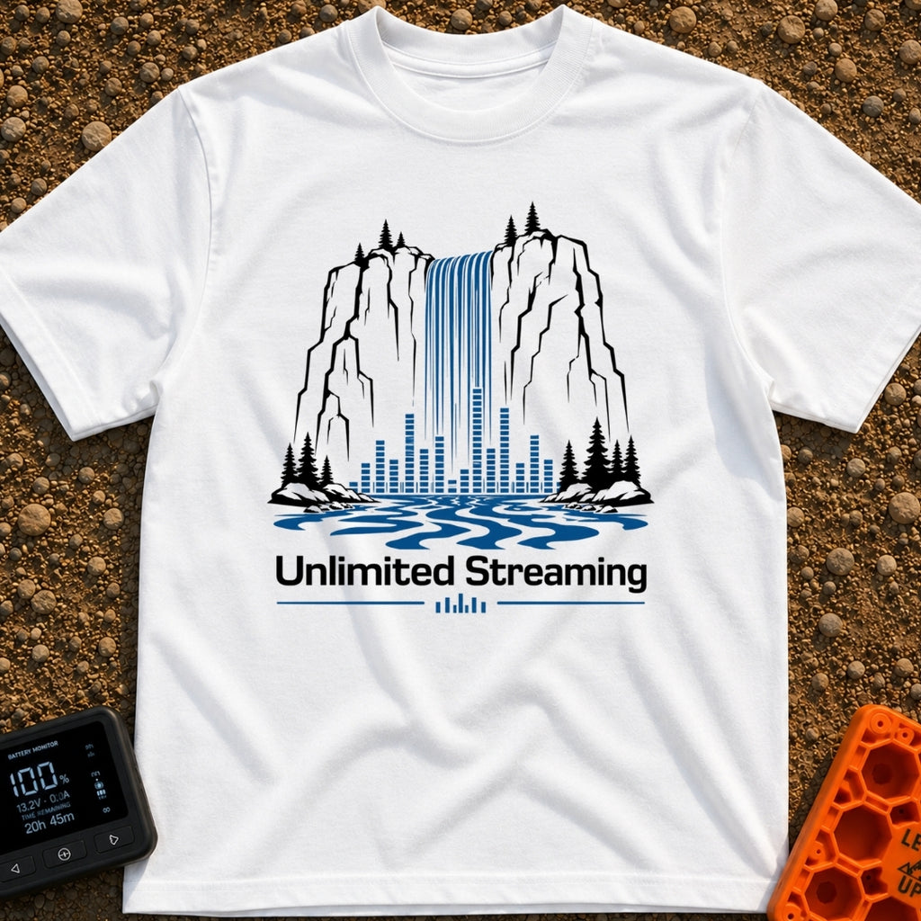 The Original Live Stream - T-Shirt in White - A graphic illustration of a tall waterfall cascading from a rocky cliff,...
