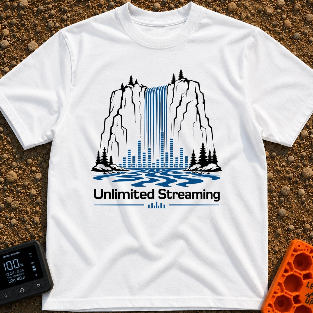 The Original Live Stream - T-Shirt in White - A graphic illustration of a tall waterfall cascading from a rocky cliff,...