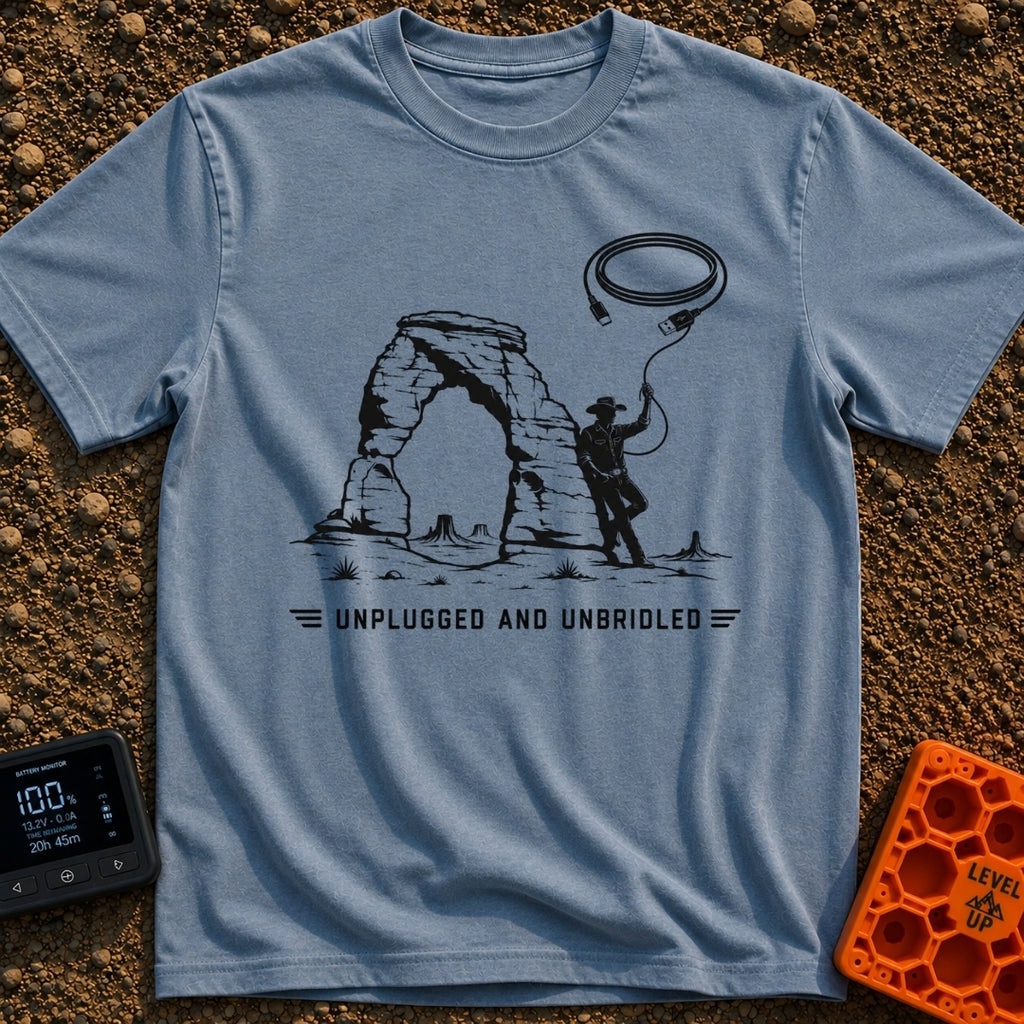 USB Rodeo Wrangler - T-Shirt in Blue Jean - A black and white illustration of a cowboy leaning against a large natural...