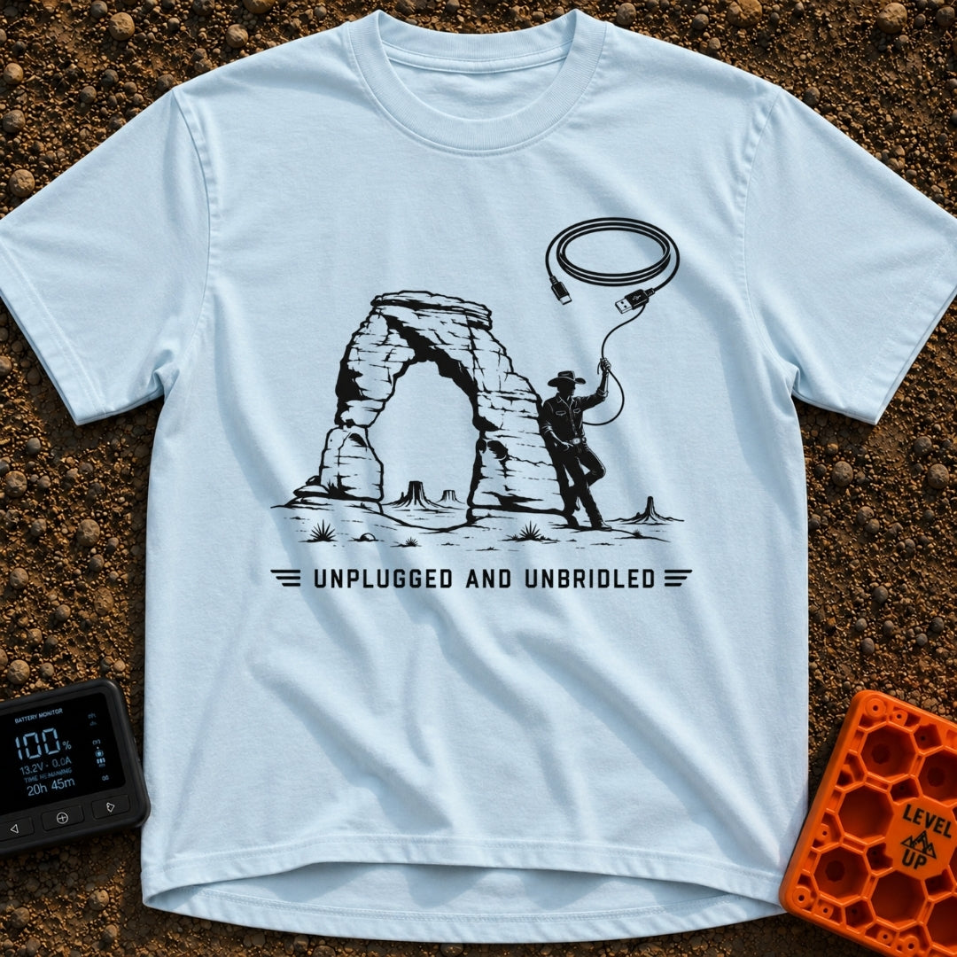USB Rodeo Wrangler - T-Shirt in Chambray - A black and white illustration of a cowboy leaning against a large natural...