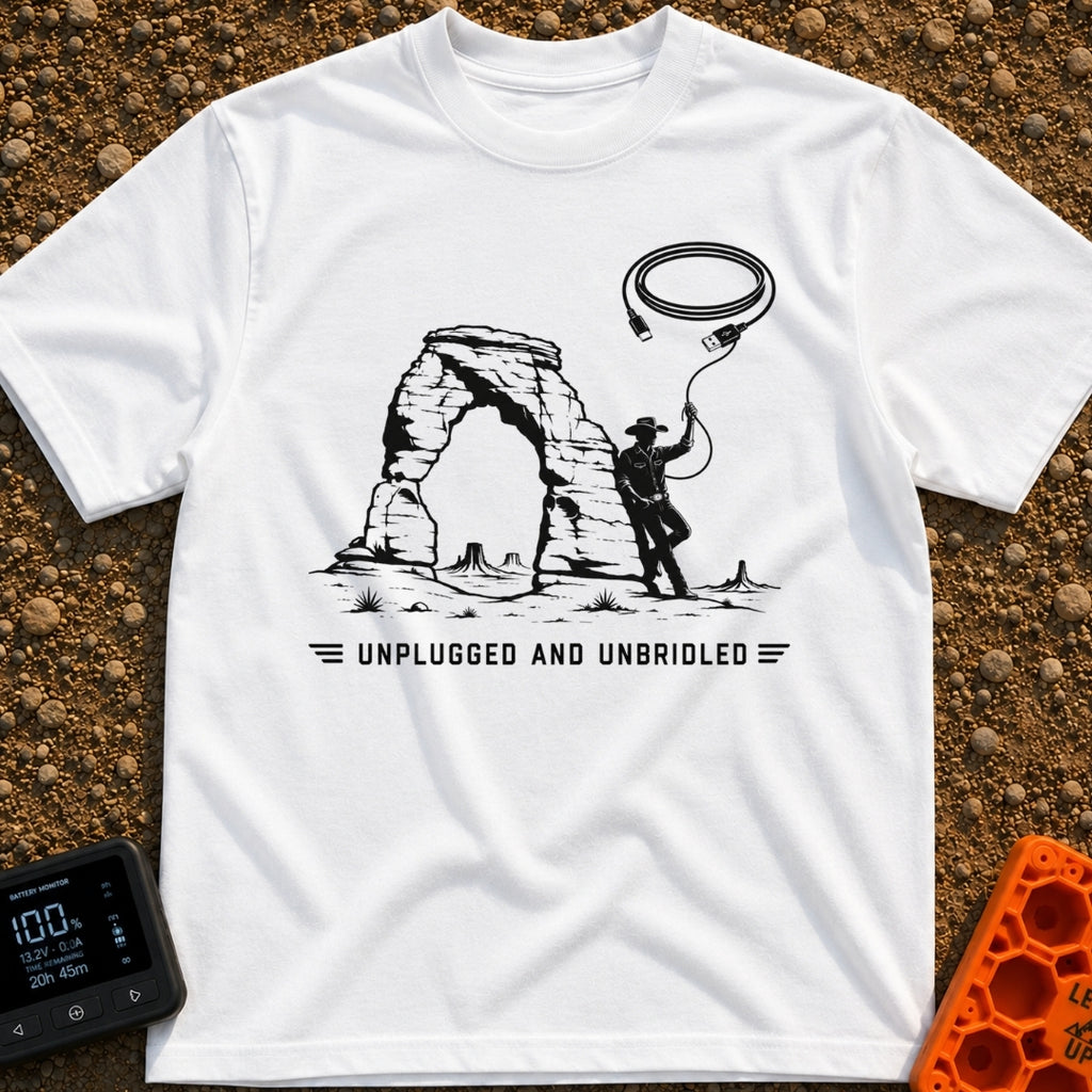 USB Rodeo Wrangler - T-Shirt in White - A black and white illustration of a cowboy leaning against a large natural rock...