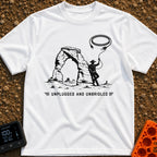 USB Rodeo Wrangler - T-Shirt in White - A black and white illustration of a cowboy leaning against a large natural rock...