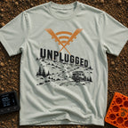 Zero Bars Five Stars - T-Shirt in Bay - A camper van driving on a winding dirt road in a mountainous landscape, with...