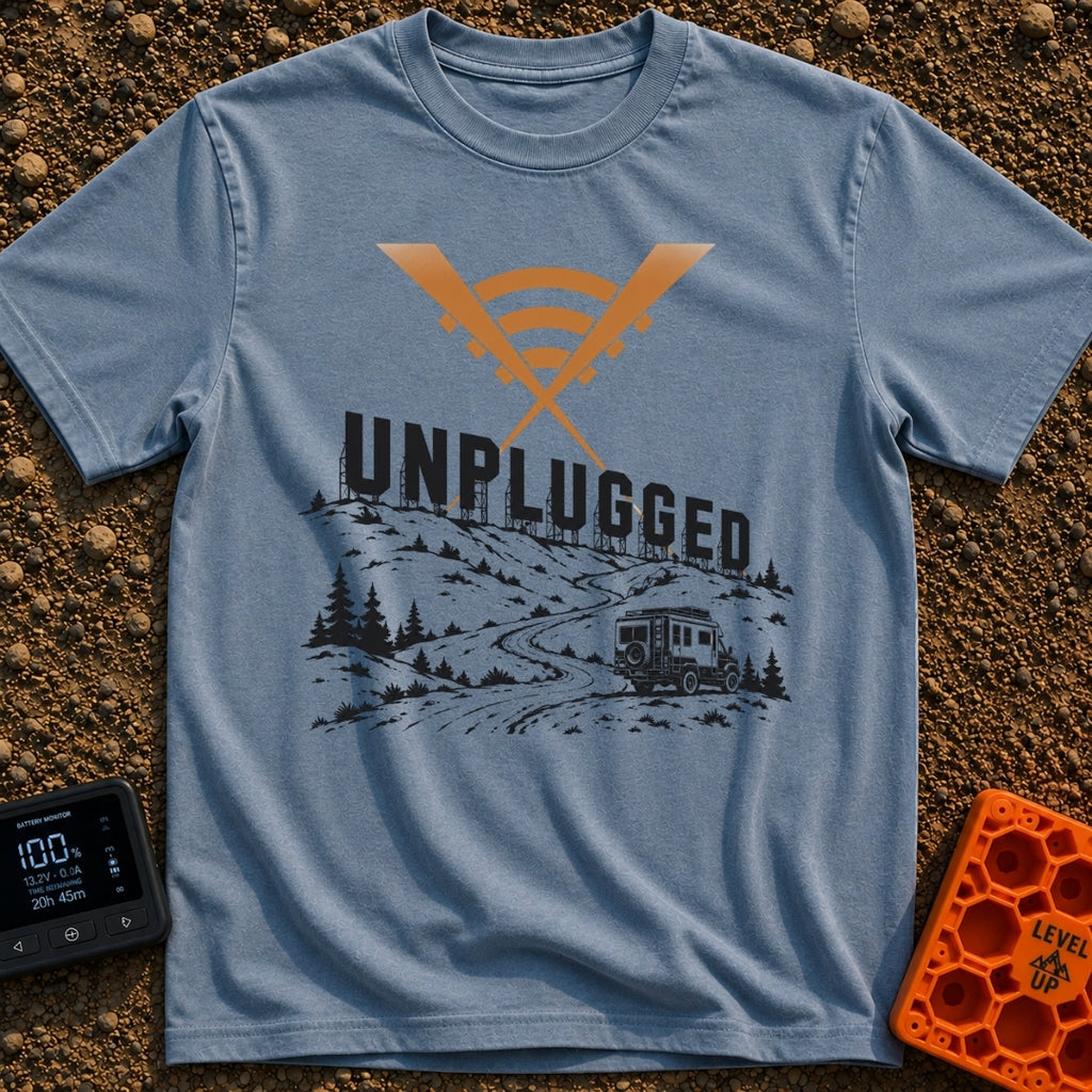Zero Bars Five Stars - T-Shirt in Blue Jean - A camper van driving on a winding dirt road in a mountainous landscape,...