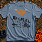 Zero Bars Five Stars - T-Shirt in Blue Jean - A camper van driving on a winding dirt road in a mountainous landscape,...