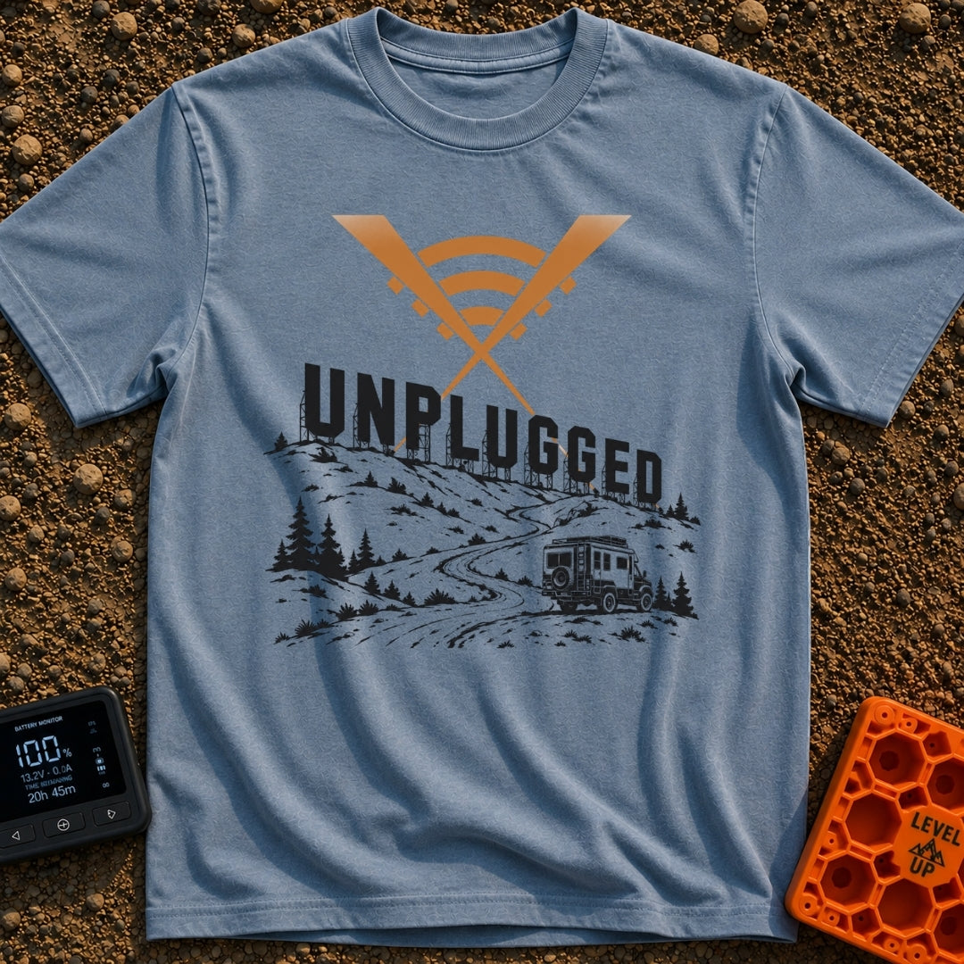 Zero Bars Five Stars - T-Shirt in Blue Jean - A camper van driving on a winding dirt road in a mountainous landscape,...