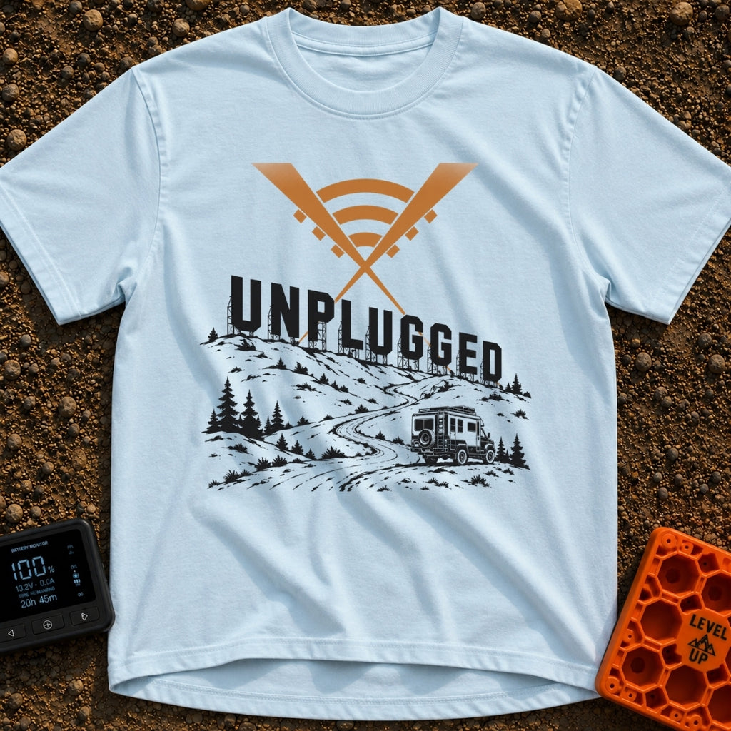 Zero Bars Five Stars - T-Shirt in Chambray - A camper van driving on a winding dirt road in a mountainous landscape, with...