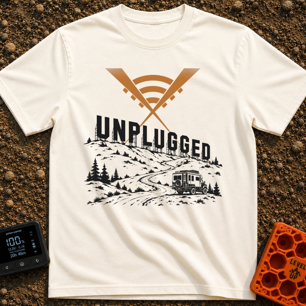 Zero Bars Five Stars - T-Shirt in Ivory - A camper van driving on a winding dirt road in a mountainous landscape, with...