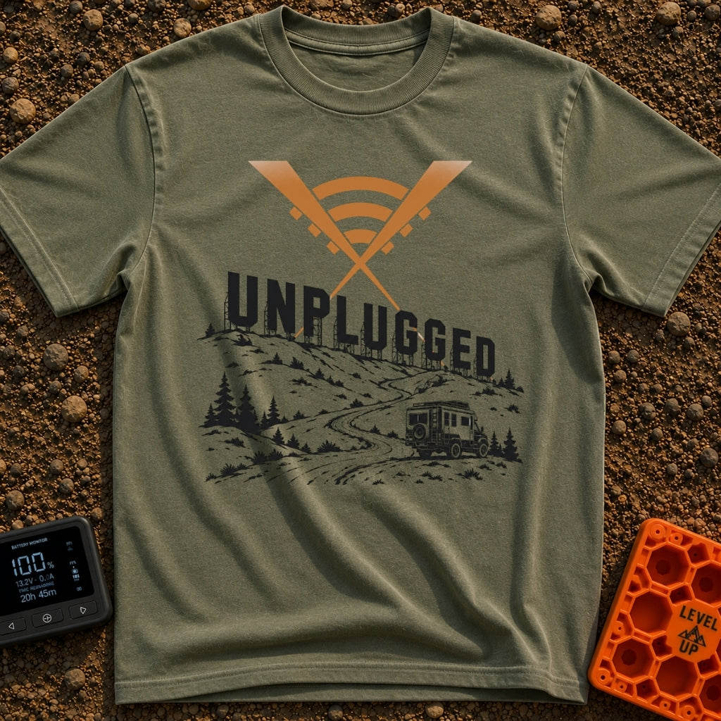 Zero Bars Five Stars - T-Shirt in Moss - A camper van driving on a winding dirt road in a mountainous landscape, with...