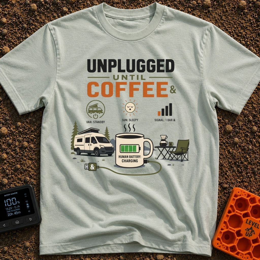 Unplugged Until Coffee - T-Shirt in Bay - A graphic featuring a large coffee mug with a green charging battery symbol,...
