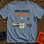 Unplugged Until Coffee - T-Shirt in Blue Jean - A graphic featuring a large coffee mug with a green charging battery...