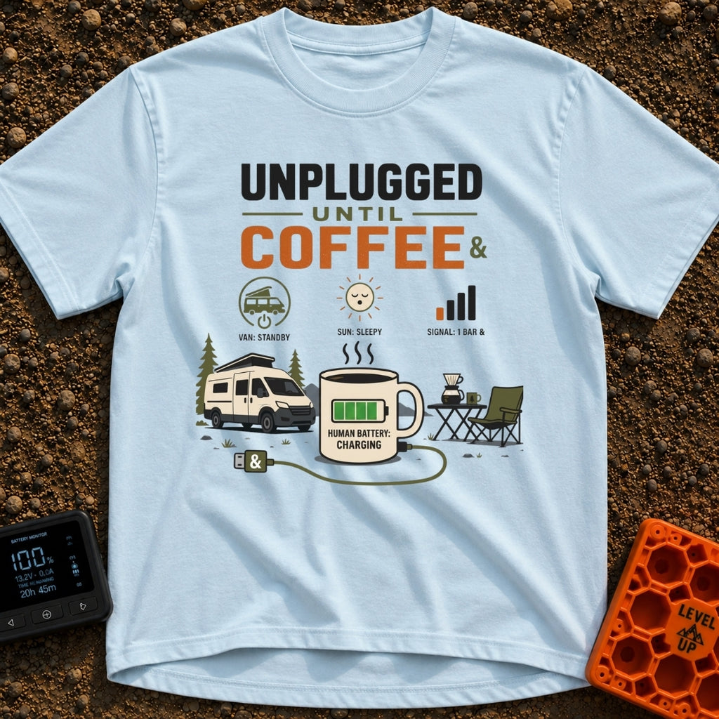 Unplugged Until Coffee - T-Shirt in Chambray - A graphic featuring a large coffee mug with a green charging battery...