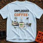 Unplugged Until Coffee - T-Shirt in Chambray - A graphic featuring a large coffee mug with a green charging battery...
