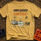 Unplugged Until Coffee - T-Shirt in Mustard - A graphic featuring a large coffee mug with a green charging battery...