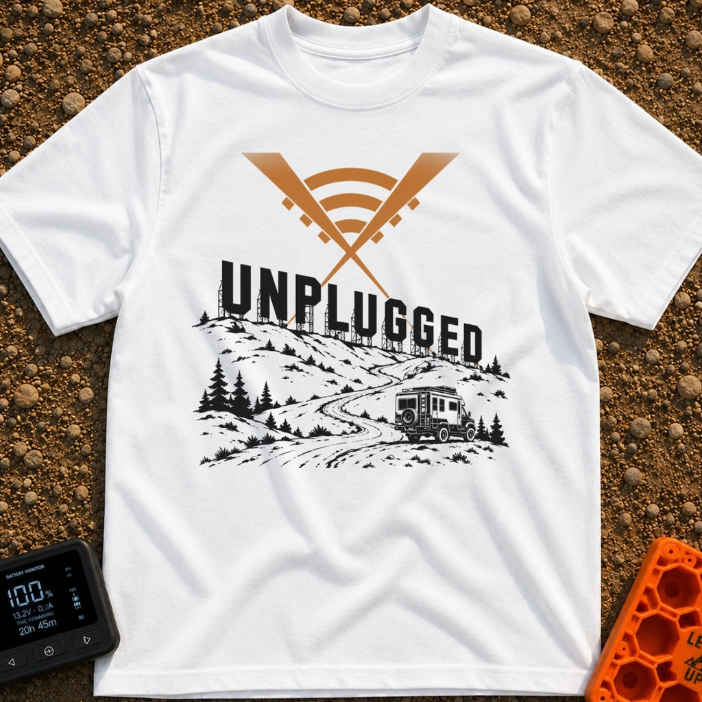 Zero Bars Five Stars - T-Shirt in White - A camper van driving on a winding dirt road in a mountainous landscape, with...