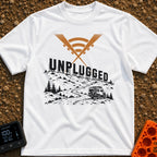 Zero Bars Five Stars - T-Shirt in White - A camper van driving on a winding dirt road in a mountainous landscape, with...