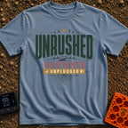 Unplugged And Unbothered - T-Shirt in Blue Jean - A typographic design featuring the words "UNRUSHED UNOWNED UNPLUGGED"...