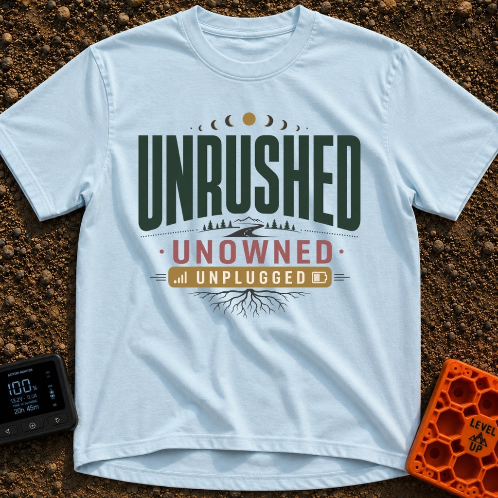Unplugged And Unbothered - T-Shirt in Chambray - A typographic design featuring the words "UNRUSHED UNOWNED UNPLUGGED"...