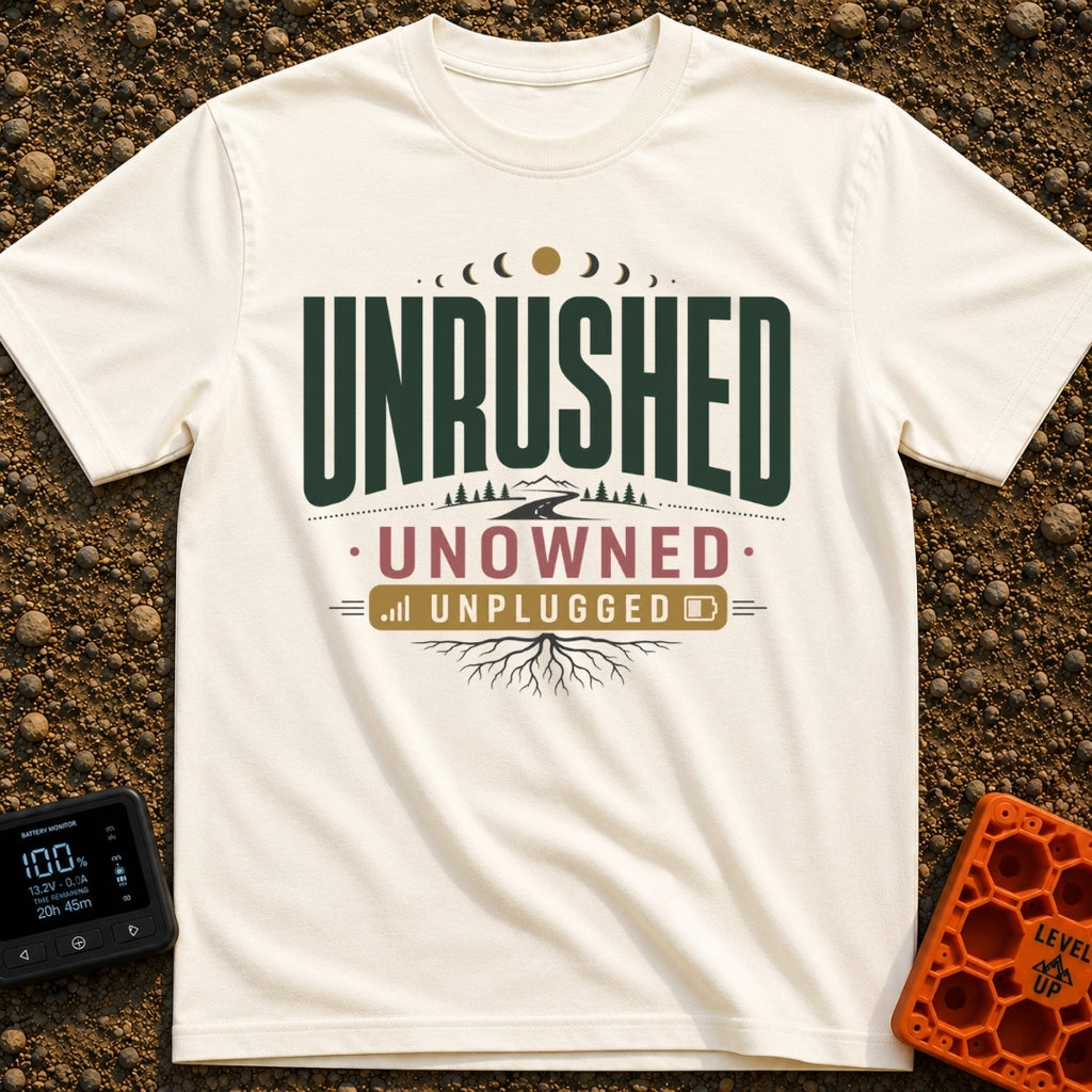 Unplugged And Unbothered - T-Shirt in Ivory - A typographic design featuring the words "UNRUSHED UNOWNED UNPLUGGED"...