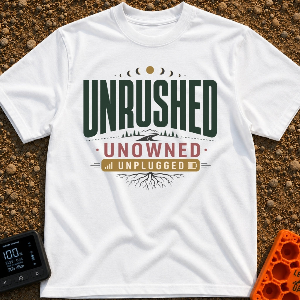 Unplugged And Unbothered - T-Shirt in White - A typographic design featuring the words "UNRUSHED UNOWNED UNPLUGGED"...