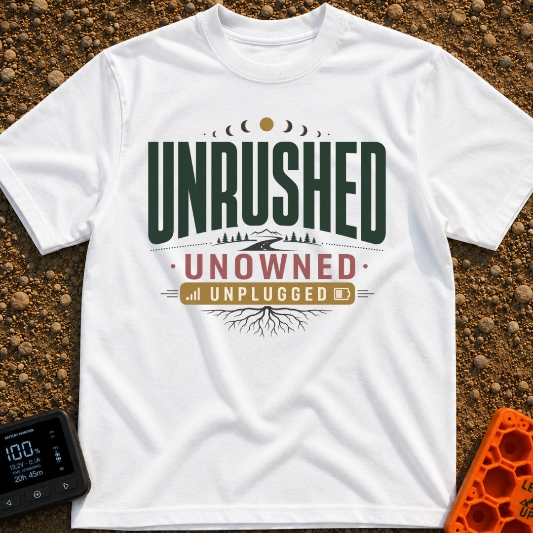 Unplugged And Unbothered - T-Shirt in White - A typographic design featuring the words "UNRUSHED UNOWNED UNPLUGGED"...