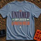Untamed And Unplugged - T-Shirt in Blue Jean - A typographic design featuring the words "UNTAMED," "UNPLUGGED," and...