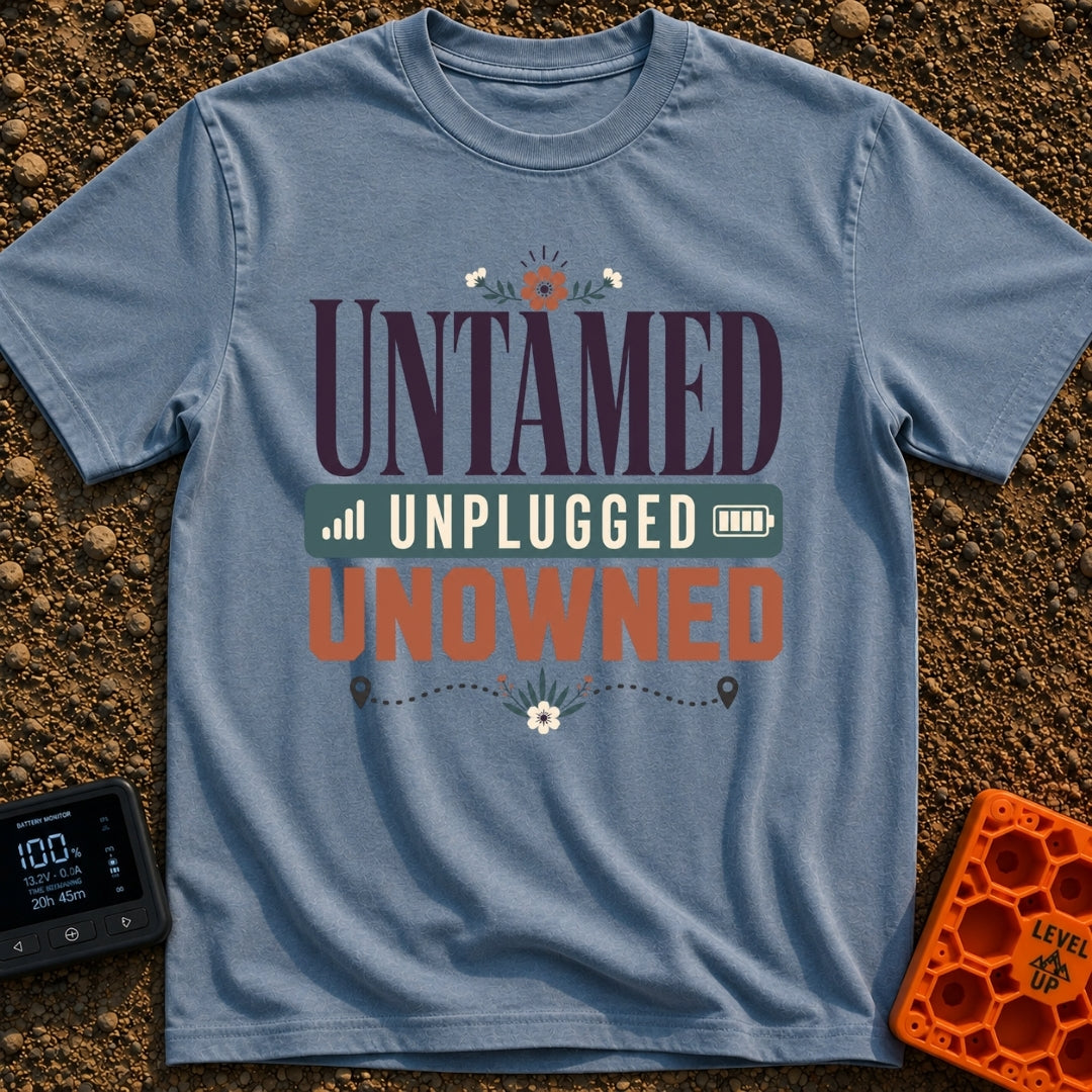 Untamed And Unplugged - T-Shirt in Blue Jean - A typographic design featuring the words "UNTAMED," "UNPLUGGED," and...