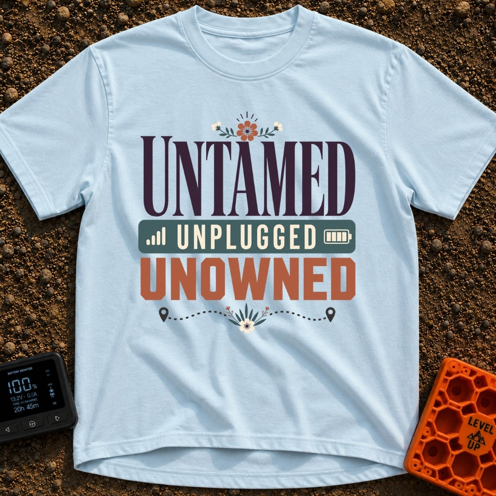 Untamed And Unplugged - T-Shirt in Chambray - A typographic design featuring the words "UNTAMED," "UNPLUGGED," and...