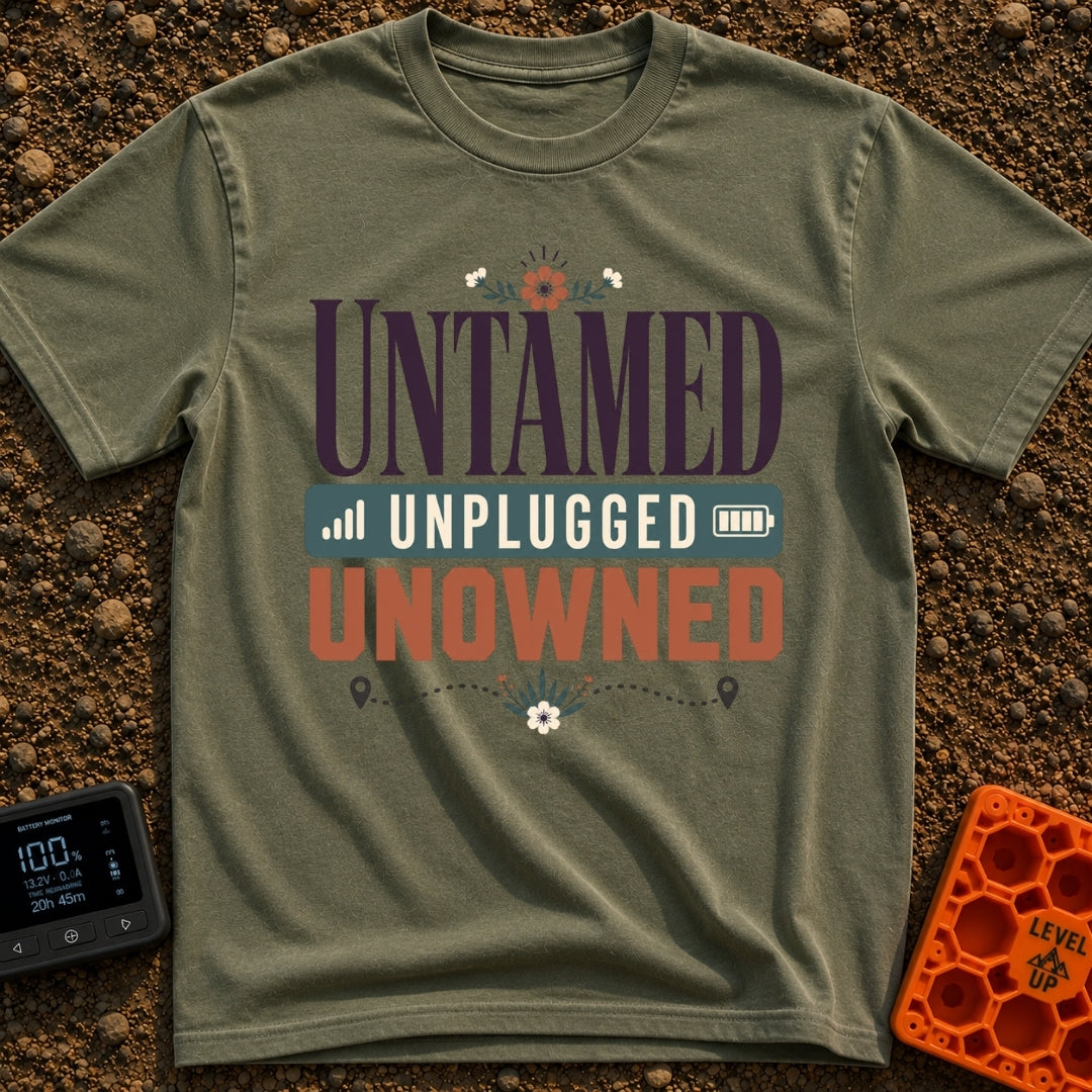 Untamed And Unplugged - T-Shirt in Moss - A typographic design featuring the words "UNTAMED," "UNPLUGGED," and "UNOWNED"...