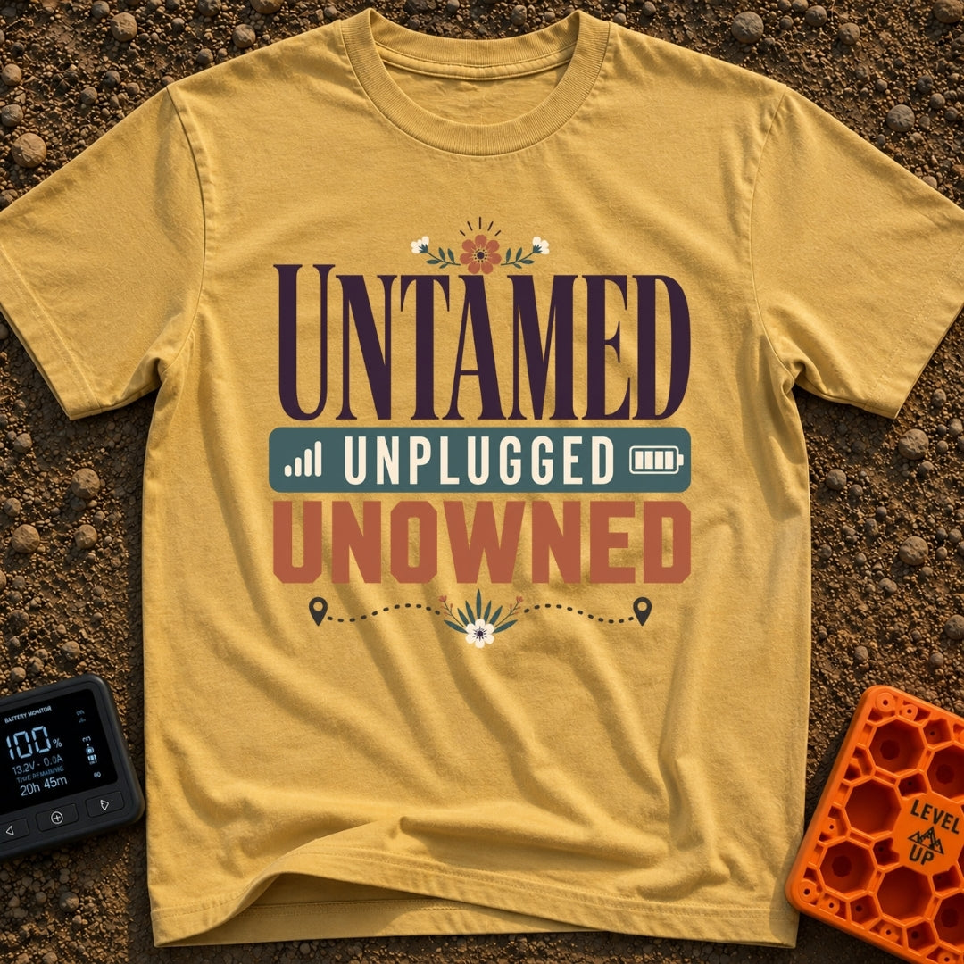 Untamed And Unplugged - T-Shirt in Mustard - A typographic design featuring the words "UNTAMED," "UNPLUGGED," and...