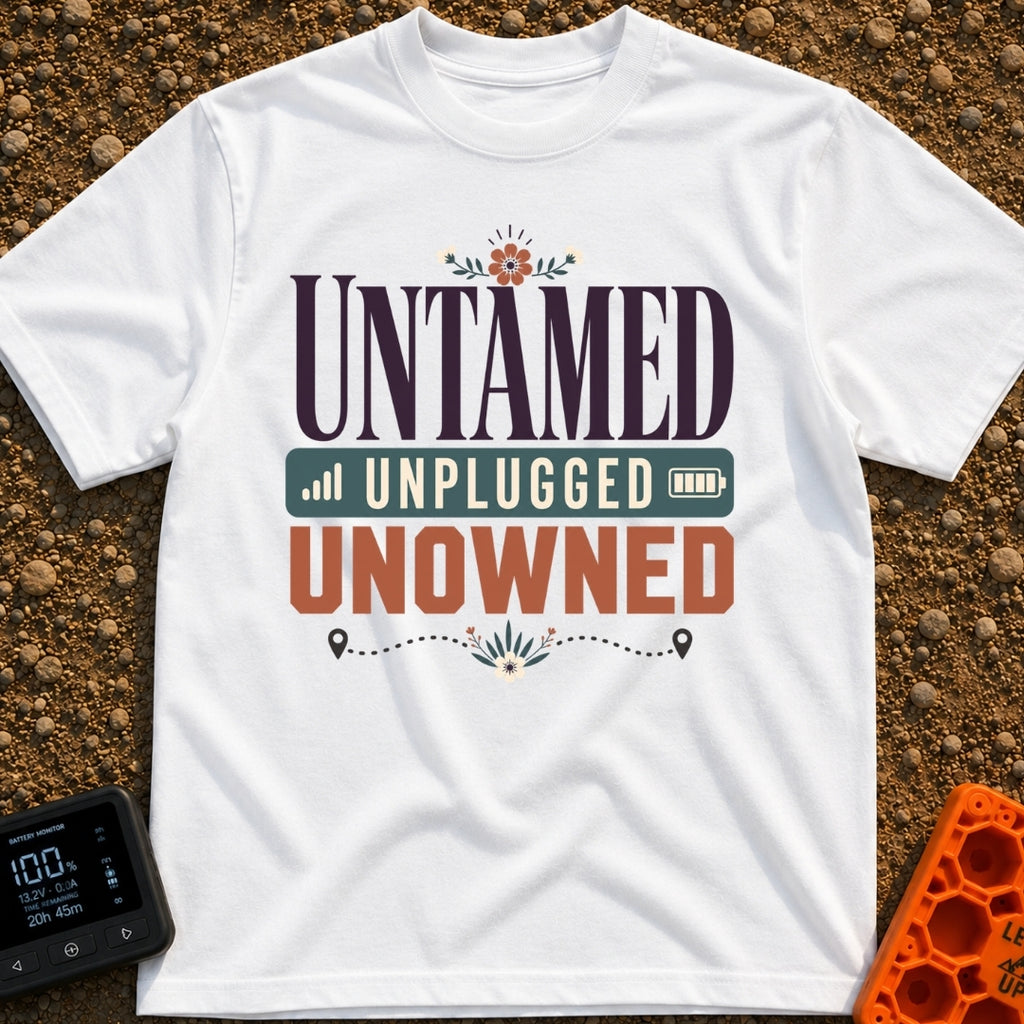 Untamed And Unplugged - T-Shirt in White - A typographic design featuring the words "UNTAMED," "UNPLUGGED," and "UNOWNED"...