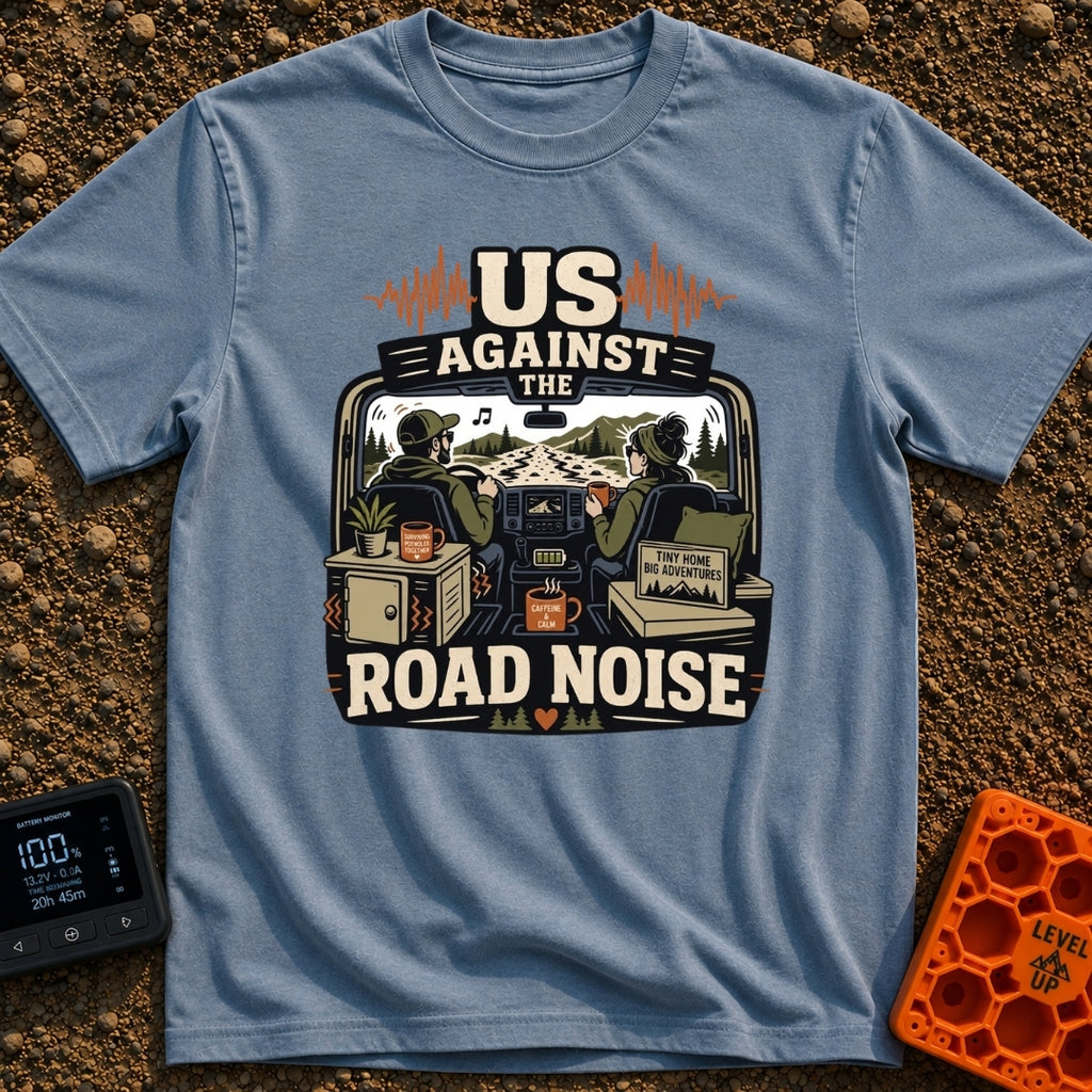 Us Against Road Noise - T-Shirt in Blue Jean - An illustration from the interior perspective of a van driving down a...