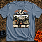 Us Against Road Noise - T-Shirt in Blue Jean - An illustration from the interior perspective of a van driving down a...