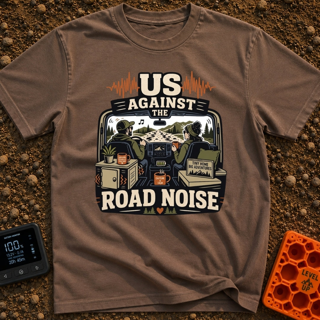 Us Against Road Noise - T-Shirt in Espresso - An illustration from the interior perspective of a van driving down a bumpy...