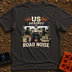 Us Against Road Noise - T-Shirt in Graphite - An illustration from the interior perspective of a van driving down a bumpy...